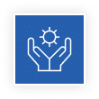 White outline of two hands holding a sun on a blue square background