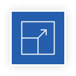 White outlined cube with an upward diagonal arrow on a blue square background