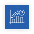 Blue icon with white bar graph and upward arrow pointing to a question mark in a circle.