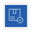 Blue square icon with a white outlined package and a checkmark in a circle, symbolizing verification or approval.