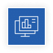White icon of a computer monitor displaying a bar chart and lines, set against a blue background.