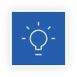 Blue square with a white light bulb icon in the center, surrounded by lines suggesting it's lit or symbolizes an idea.