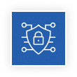 Blue icon with a white shield and padlock, surrounded by circuit-like lines symbolizing cybersecurity.