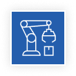 White icon of a robotic arm holding a box on a blue background.