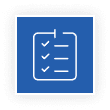 Blue icon with a white clipboard showing three checkmarks.