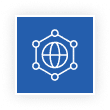 Blue square icon with a white outline of a globe surrounded by a hexagonal network.