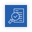 Blue square icon with a white outline of a document and a magnifying glass containing a checkmark.