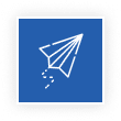 White paper airplane icon on a blue square background