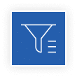 Blue square icon with a white funnel on the left and three horizontal lines on the right.