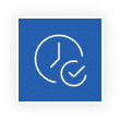 A blue square featuring a clock and a check mark, symbolizing time management and task completion.