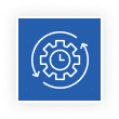 Blue square icon with a white gear containing a clock face, surrounded by curved arrows indicating continuous activity.