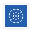 Blue square icon with a white gear and circular arrows symbolizing a settings or configuration process.