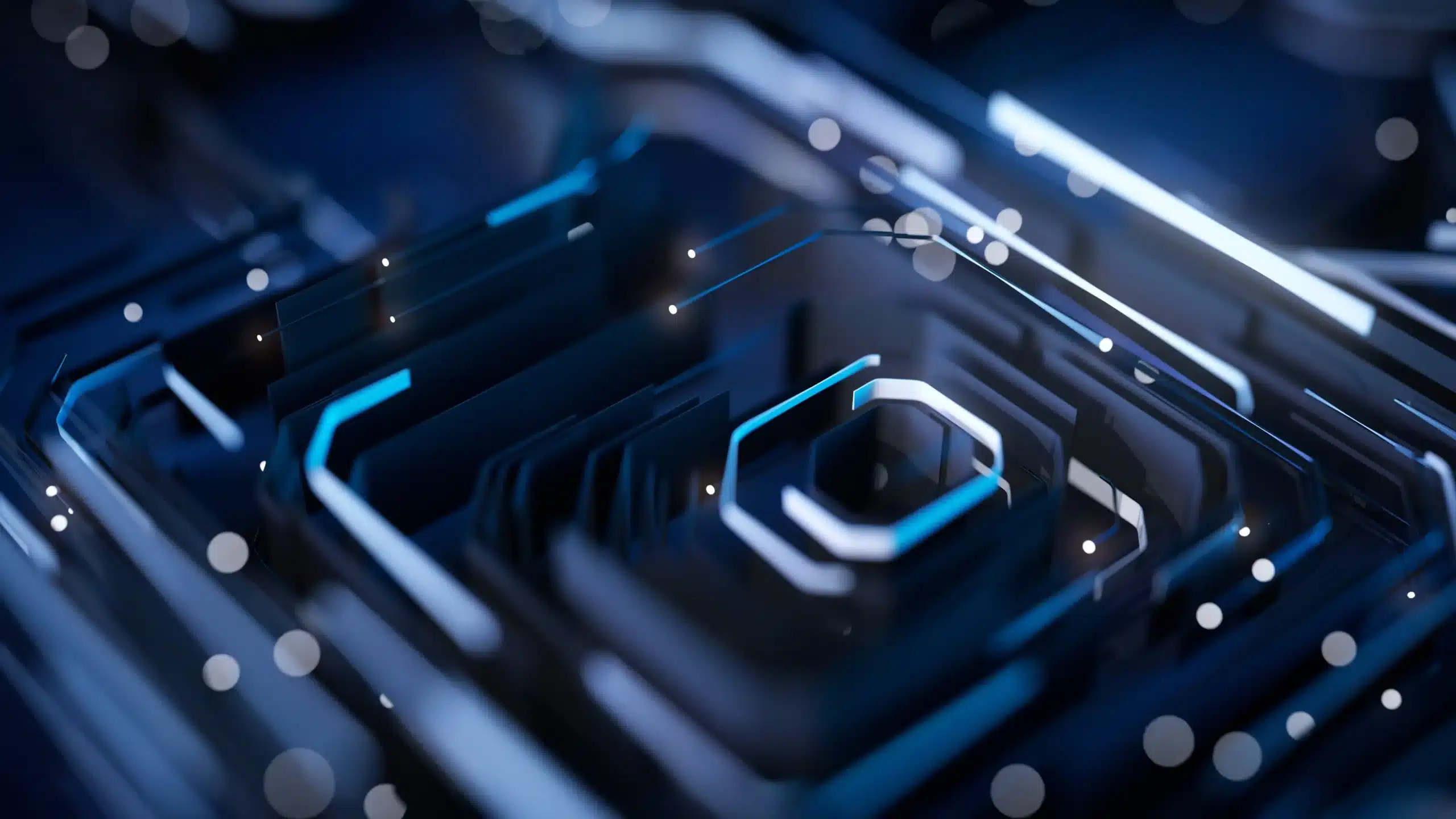 Futuristic hexagonal design with glowing blue and white lights on a dark, digital background