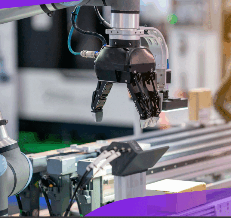 Robotic arm with gripper over an assembly line, integrated into an industrial automation system.