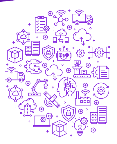 Circular arrangement of purple icons representing technology, automation, AI, and data systems.
