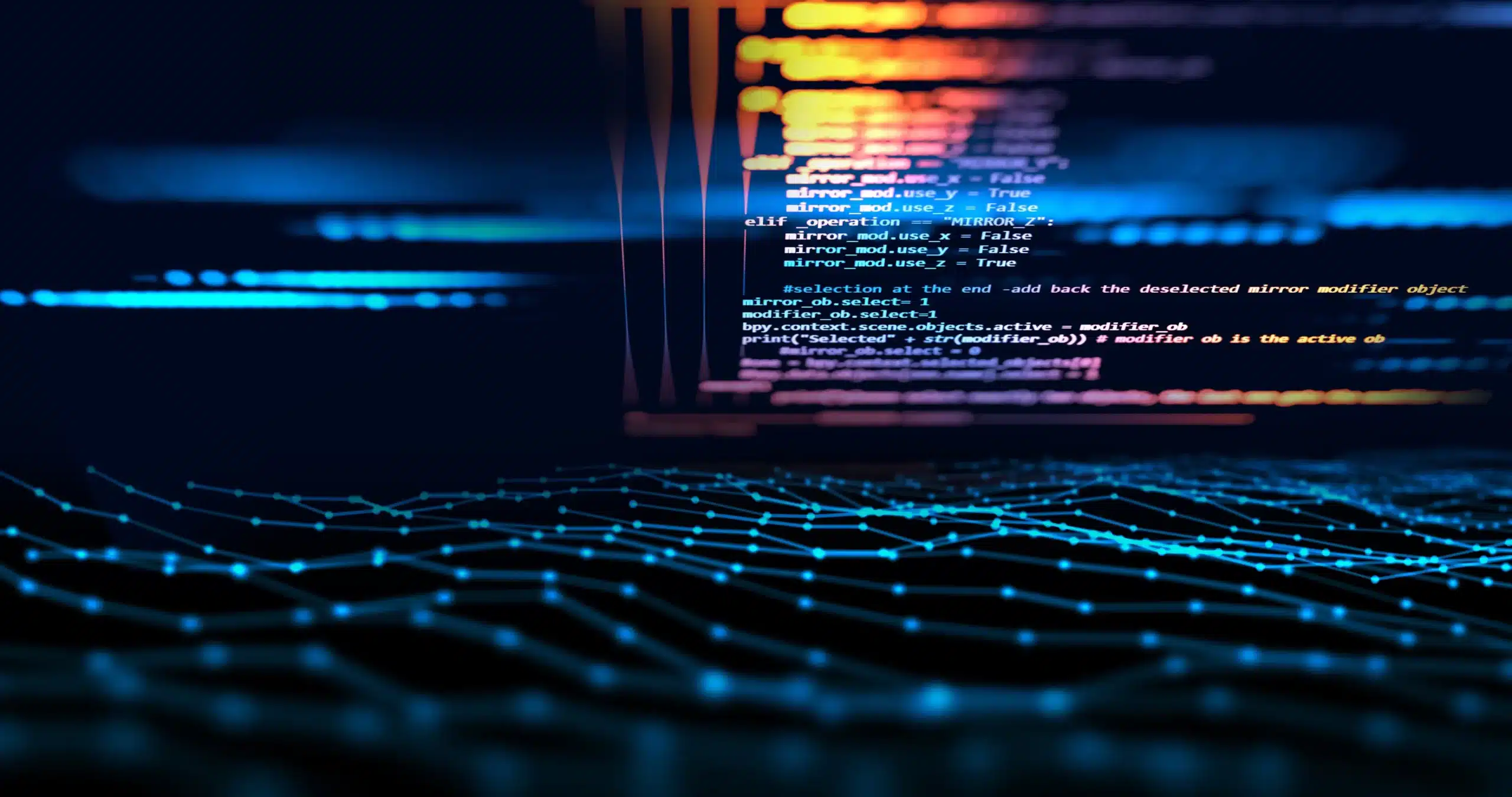 Background of glowing blue lines and nodes with highlighted code snippets related to a mirror modifier in a 3D software environment.